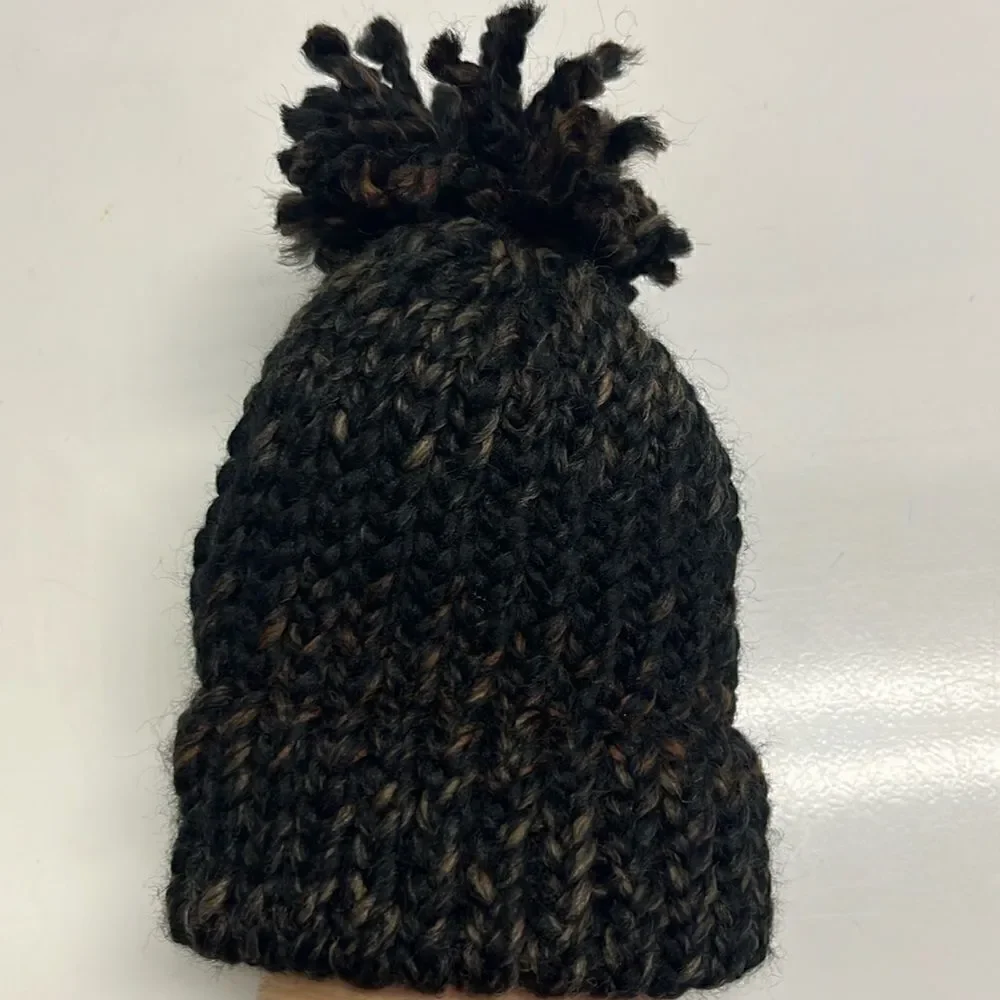Homemade Wool and Acrylic Knitted Black & Brown Marbled Winter Hat- Chid/Small